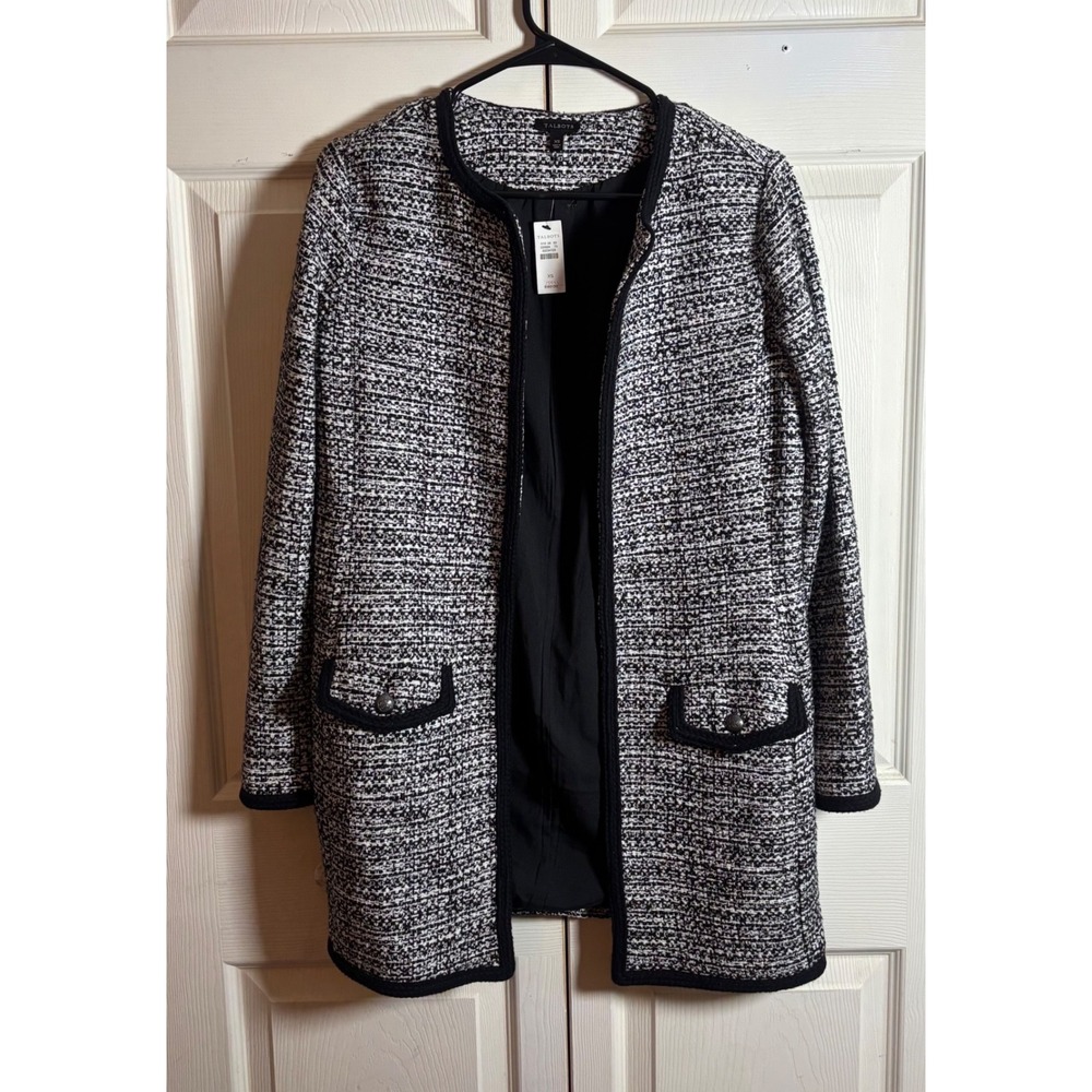 NWT Talbots Women XS Black White Tweed Longline Open Front Jacket Coat